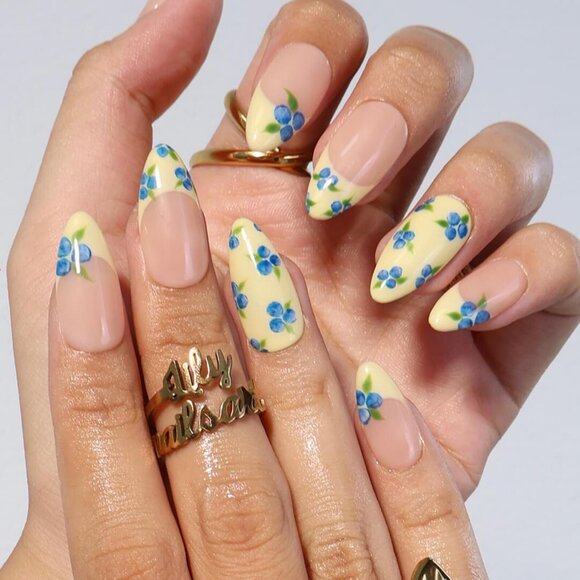 Blueberry Press On Nails with Yellow French Tips | Medium Almond Fake Nails - Picture 3 of 5